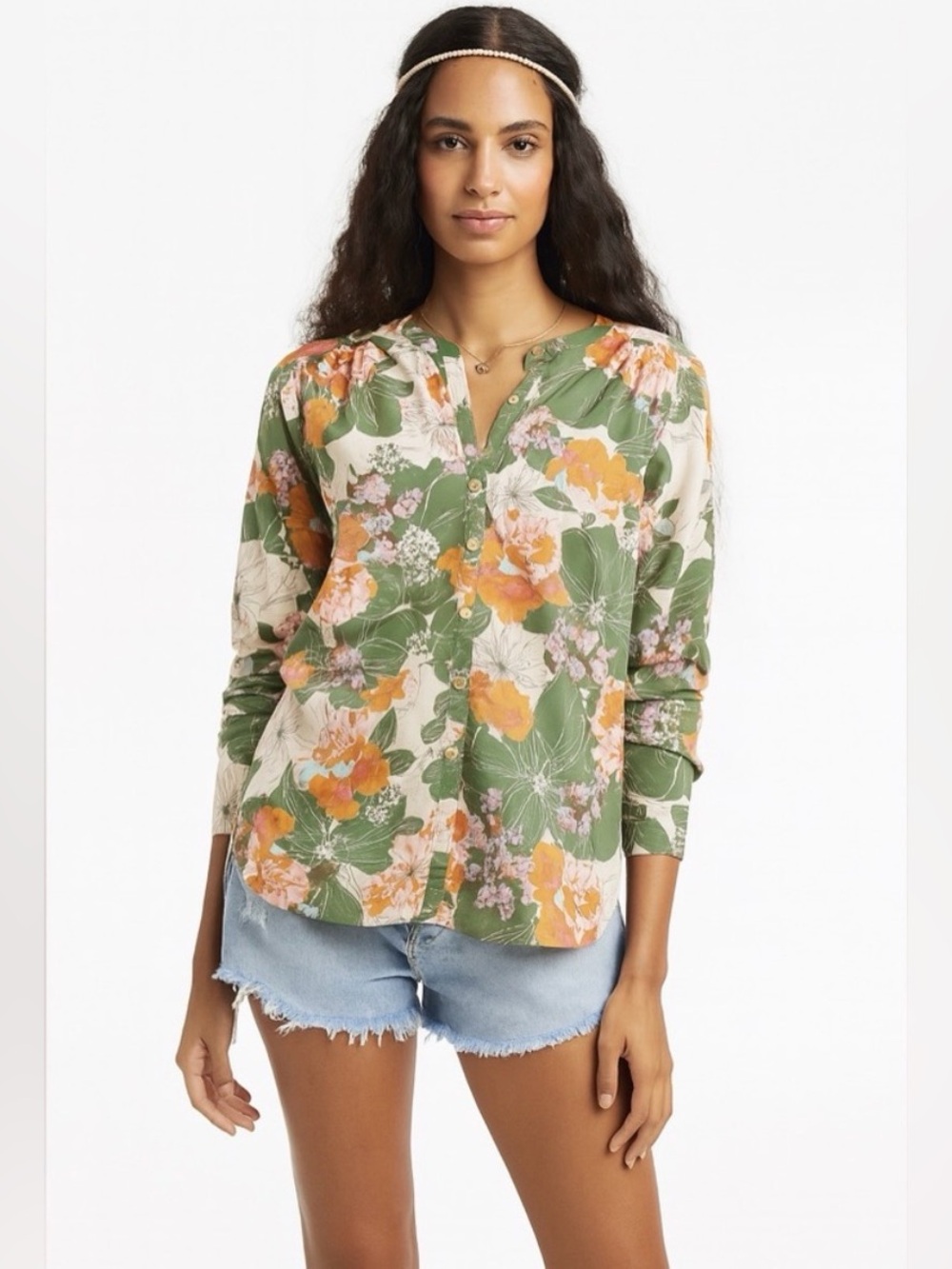 Lucky Brand Tropical Floral Button Down Cotton Top Size S